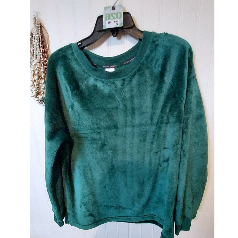 Joyspun Faux Fur Fleece Sweatshirt Womens L Green Raglan Long Sleeve Crew Neck